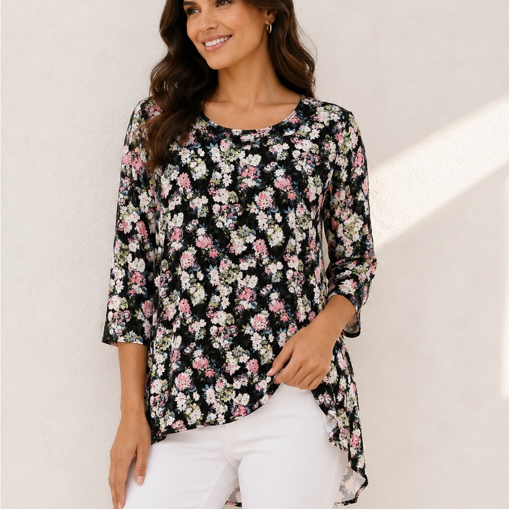 J. Jill Black Floral Scoop-Neck Tunic‎ with Pink and White Blooms MP